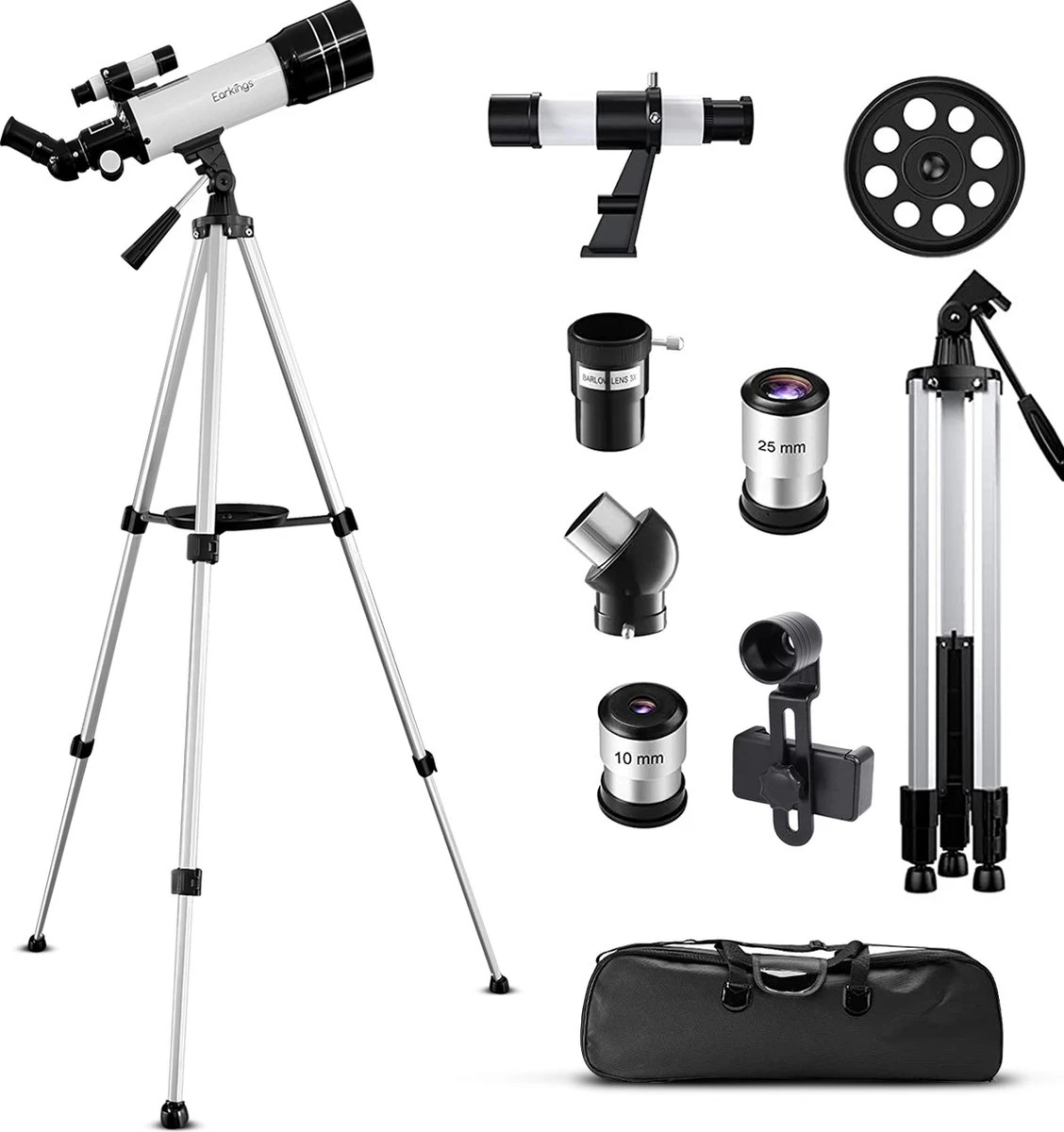 Earkings Telescoop Sterrenkijker 70/400 Mm Voor Kinderen, Beginners En Gevorderden - Inclusief Statief, Opbergtas, Twee Lenzen 25mm & 10mm En Barlow Lens, Telefoon Houder Voor Foto’s - F/5.7 Magnificatie 4 Earkings Telescoop Sterrenkijker 70/400 Mm Voor Kinderen, Beginners En Gevorderden - Inclusief Statief, Opbergtas, Twee Lenzen 25mm & 10mm En Barlow Lens, Telefoon Houder Voor Foto’s - F/5.7 Magnificatie - Afbeelding 2