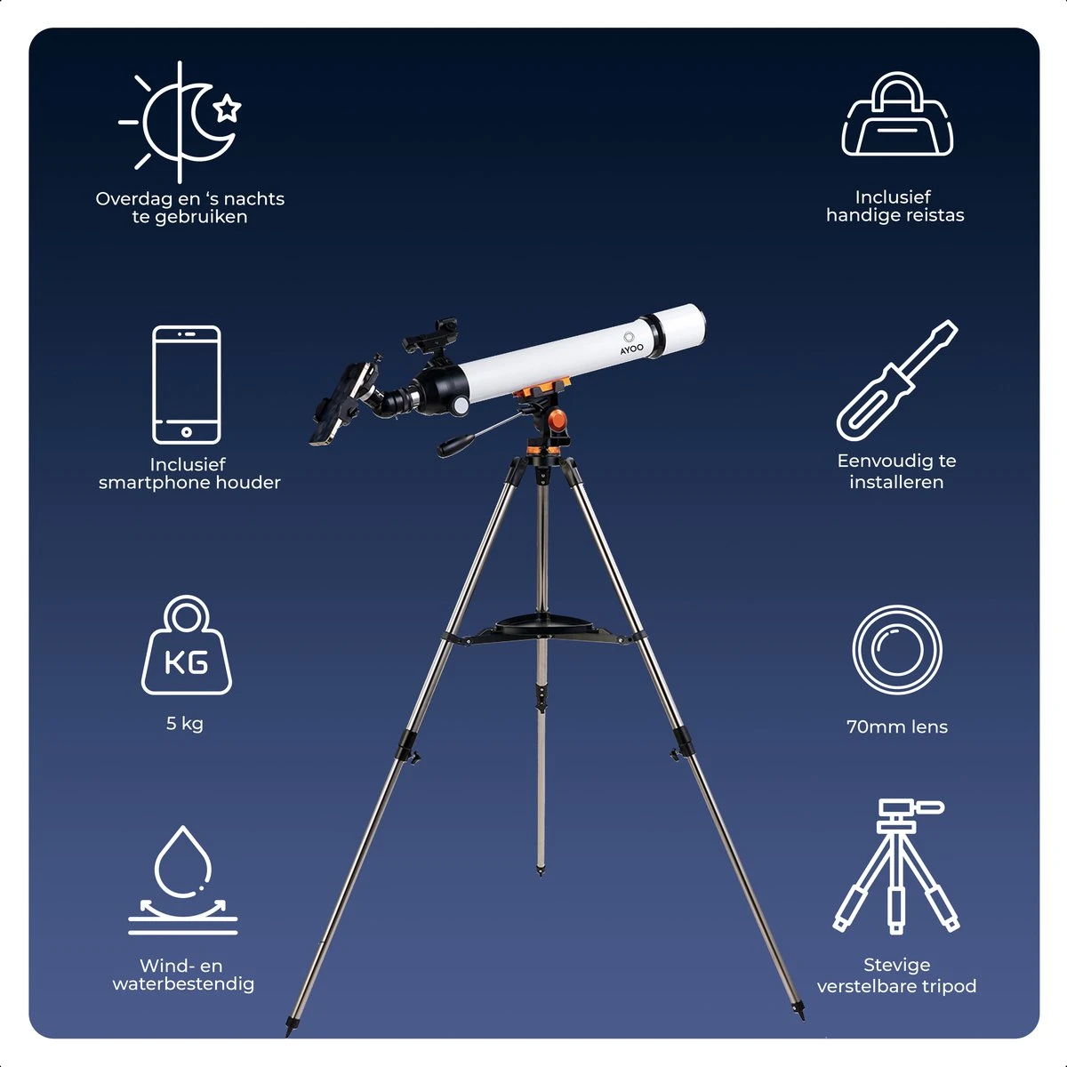AYOO® Telescoop - Sterrenkijker - Telescoop - 210x Zoom - Volledige Set - Smartphone Houder - Verstelbaar Statief - Draagtas - 70/700mm 5 AYOO® Telescoop - Sterrenkijker - Telescoop - 210x Zoom - Volledige Set - Smartphone Houder - Verstelbaar Statief - Draagtas - 70/700mm - Afbeelding 3