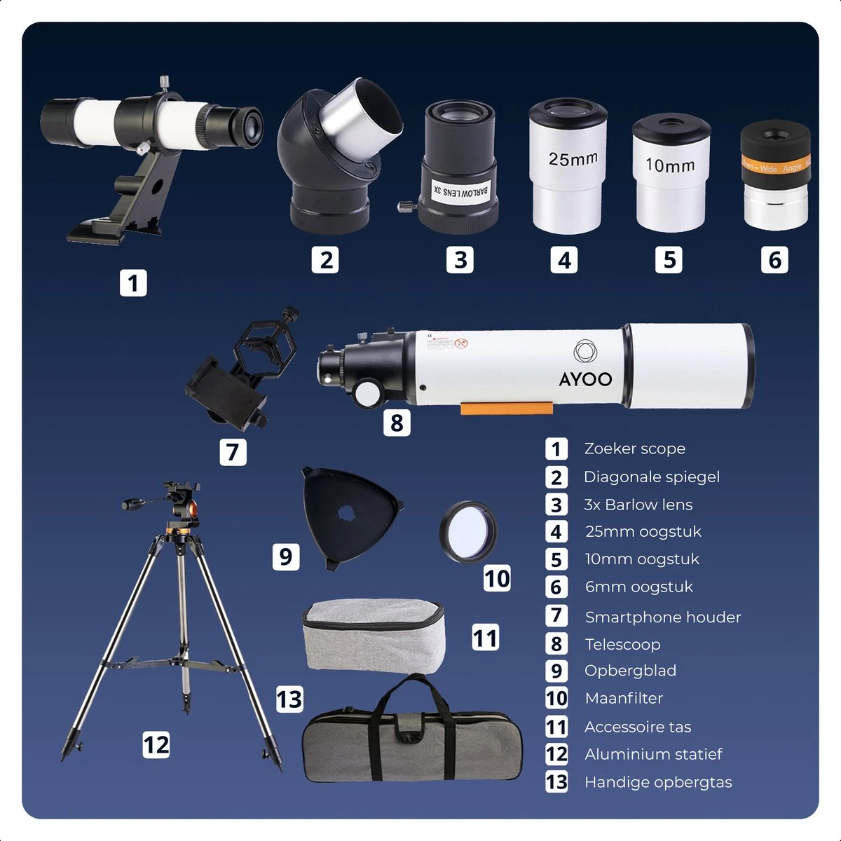 AYOO® Telescoop - Sterrenkijker - 250X Zoom - Volledige Set - Smartphone Houder - Verstelbaar Statief - Draagtas - 80/500mm 4 AYOO® Telescoop - Sterrenkijker - 250X Zoom - Volledige Set - Smartphone Houder - Verstelbaar Statief - Draagtas - 80/500mm - Afbeelding 2