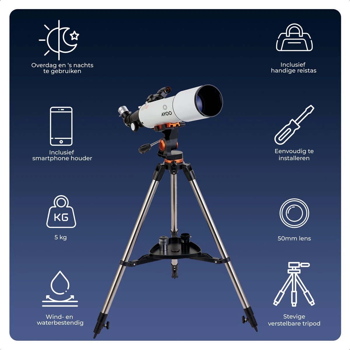 AYOO® Telescoop - Sterrenkijker - 250X Zoom - Volledige Set - Smartphone Houder - Verstelbaar Statief - Draagtas - 80/500mm 5 AYOO® Telescoop - Sterrenkijker - 250X Zoom - Volledige Set - Smartphone Houder - Verstelbaar Statief - Draagtas - 80/500mm - Afbeelding 3