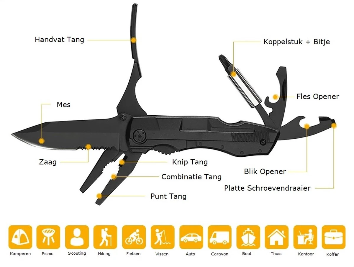 PLAY IT Zakmes Multitool 14 In 1 Incl. Draagetui & 9 Delige Bit Set - 11 In 1 Multikaart - Zwart 4 PLAY IT Zakmes Multitool 14 In 1 Incl. Draagetui & 9 Delige Bit Set - 11 In 1 Multikaart - Zwart - Afbeelding 2