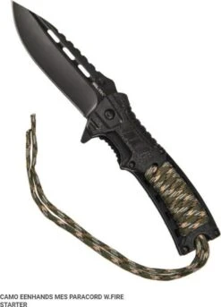 Mil-Tec Survival Mes Met Camo Paracord, Fluitje En Vuurstarter -One Hand Knive Camouflage
