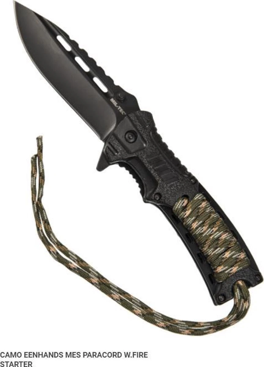 Mil-Tec Survival Mes Met Camo Paracord, Fluitje En Vuurstarter -One Hand Knive Camouflage 3 Mil-Tec Survival Mes Met Camo Paracord, Fluitje En Vuurstarter -One Hand Knive Camouflage